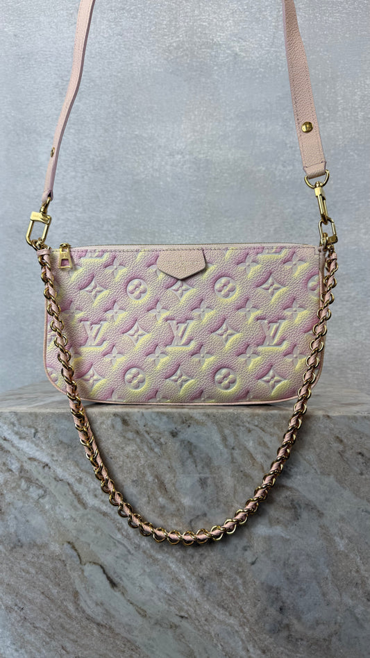 pink yellow metallic small purse with chain handle