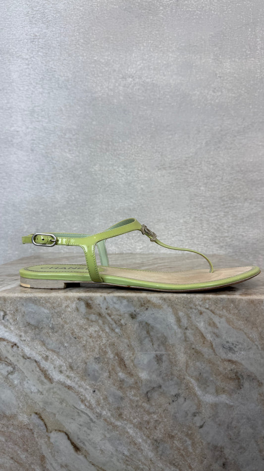 green patent sandals silver logo cc