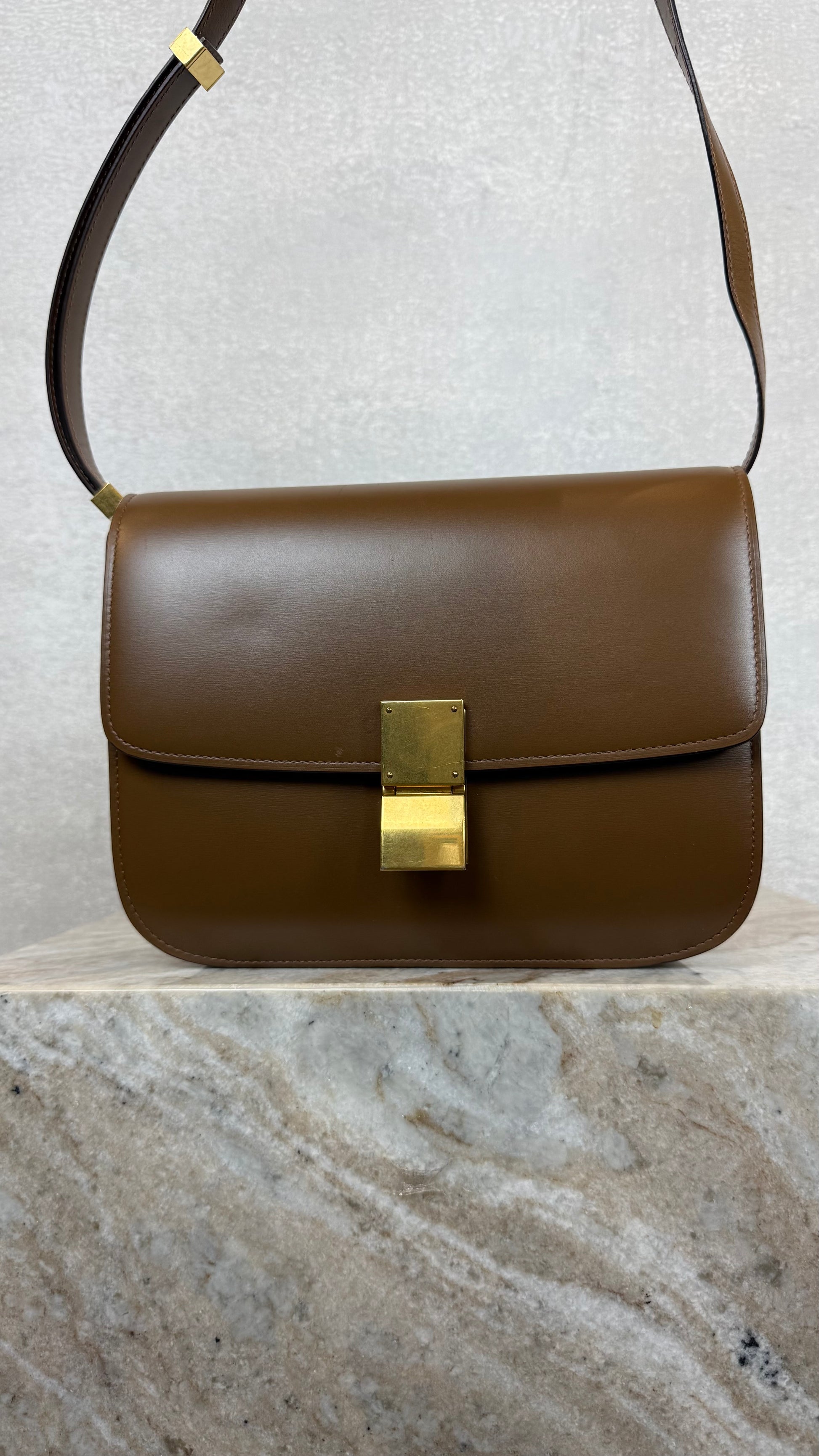 Celine box bag brown gold clasp